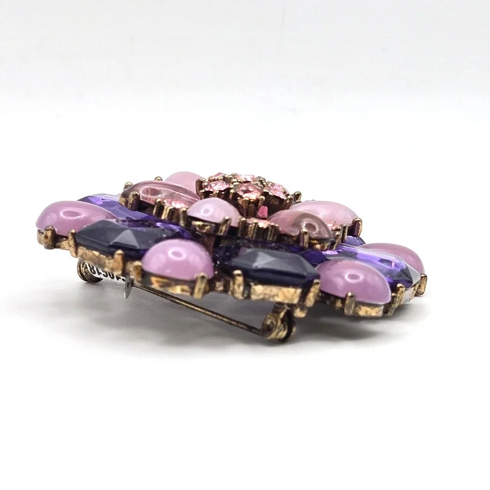 Fortunoff Vintage‎ Purple Pink Rhinestone Cabochon Flower Brooch Pin 2.5 Inch